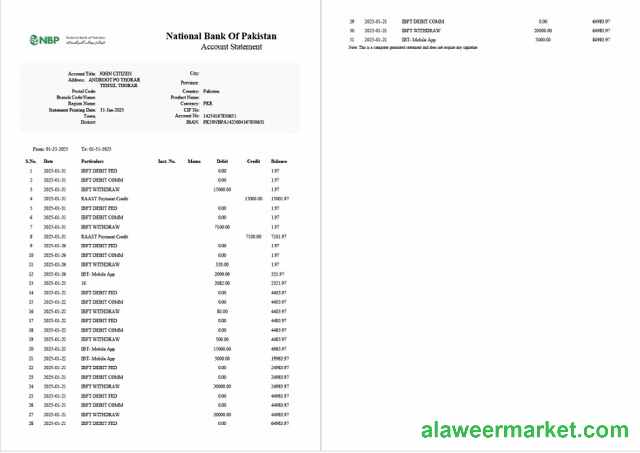 Pakistan National Bank of Pakistan account statement Word and PDF template, 2 pages